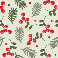 Vector seamless pattern with cranberries and pine branches