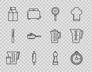 Set line Measuring cup, Kitchen timer, Frying pan, Rolling pin, Paper package for milk, Pepper and icon. Vector