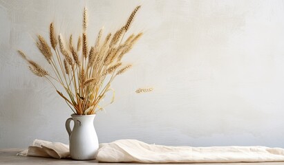 Bunch of compressed stems with ears. Golden wheat in white colored vase on monochrome fabric background. Wheat close up. Created with Generative AI technology.