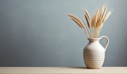 Bunch of compressed stems with ears. Golden wheat in white colored vase on monochrome fabric background. Wheat close up. Created with Generative AI technology.