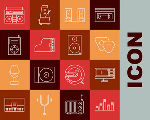 Set line Music equalizer, Video recorder or editor software on monitor, Guitar pick, Stereo speaker, Grand piano, MP3 player, Home stereo with two speakers and icon. Vector