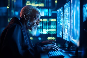 Focused older black man in glasses working on computer. Blue reflection on his glasses and everywhere