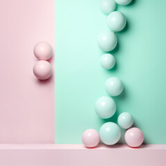 Mint green and pink background with balloons. Party, gift card, birthday mock up backdrop with copy space.