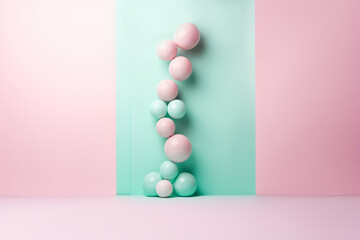 Mint green and pink background with balloons. Party, gift card, birthday mock up backdrop with copy space. - obrazy, fototapety, plakaty
