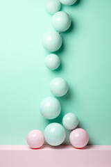 Mint green and pink background with balloons. Party, gift card, birthday mock up backdrop with copy space.