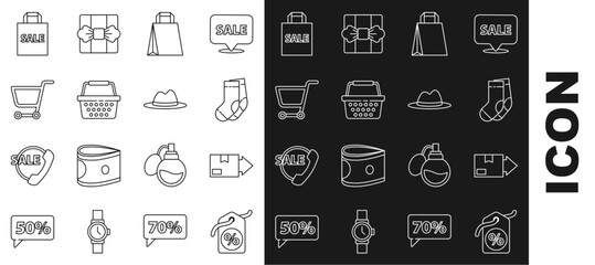 Set line Discount percent tag, Carton cardboard box, Socks, Paper shopping bag, Shopping basket, cart, Shoping with Sale and Man hat ribbon icon. Vector