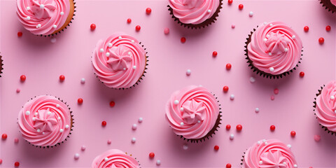 Top view of cupcakes with pink buttercream frosting on pink background with copy space, ai generated