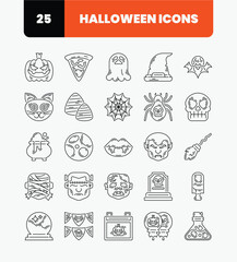 Simple Halloween Event Icon Set with Outline Style. Scary Pumpkin,Black Cat,Witch Hat,Undead Zombie,Crystal Ball.