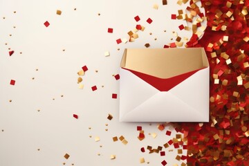 Flat lay open envelope with letter and confetti. Red background