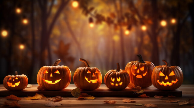 Citrouilles d'Halloween sur planche de bois, arrière-plan de flou, décor pour Halloween, citrouille-lanterne. Ambiance lumineuse et effrayante. Décoration pour conception, création graphique. 