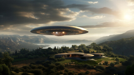 ufo in the sky, hovering above a house