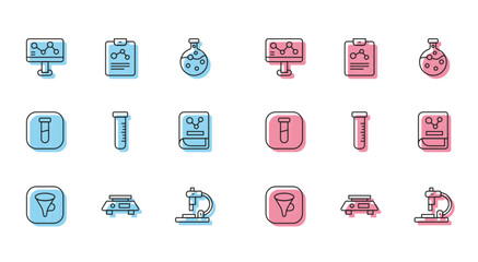Set line Funnel or filter, Electronic scales, Chemical formula, Microscope, Test tube and flask, Chemistry book, and report icon. Vector