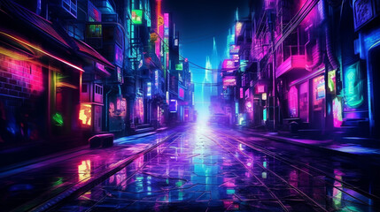 night city street glowing colorful neon made with generative AI