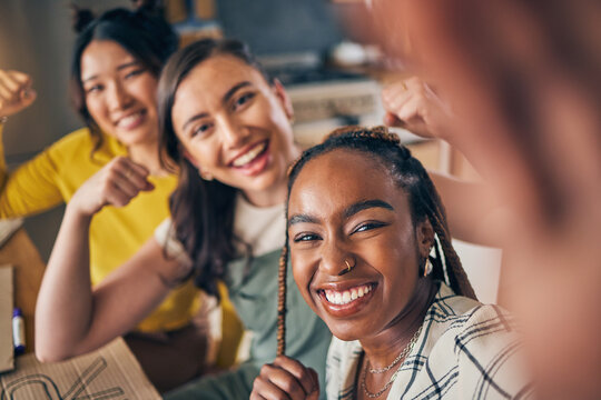 Women, friends and selfie with strong arm flex at home bond, fun and relax at home. Portrait, happy and feminist influencer people with diversity smile for social media, blog or vlog profile picture