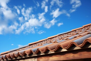 Close-up of roof with tiles on the blue sky
