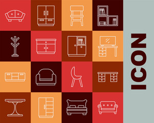 Set line Sofa, Office desk, TV table stand, Chair, Furniture nightstand, Coat, and Wardrobe icon. Vector