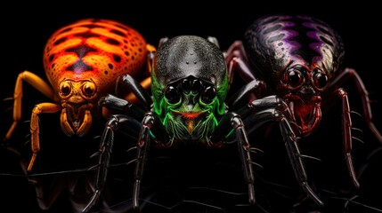  a close up of a spider on a black background with two other spider in the background.  generative ai