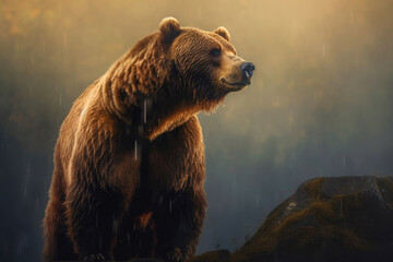 Majestic Grizzly Bear: Gazing into the Misty Morning