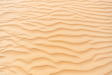 Close up photo of texture of desert sand dunes. Beautiful structures of sandy dunes on sunny summer day. Golden sand of desert. 