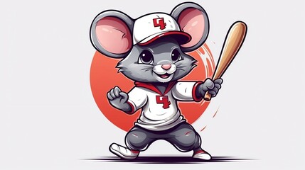 A cute mouse Sports Mascot flat illustration wearing a baseball uniform and playing baseball generative ai