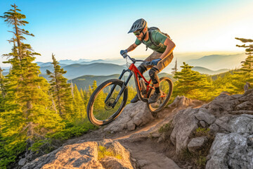 Fototapeta na wymiar Biker in Mid-Air Over Stunning Mountain Vistas