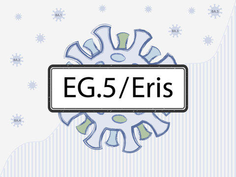 EG.5 / Eris in the sign. Coronovirus with spike proteins of a different color symbolizing mutations. New Omicron subvariant against the background of covid-19 case statistics.