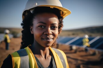 Female African American engineer working with solar panels, Solar station. - obrazy, fototapety, plakaty