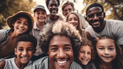 Obraz premium Happy multiracial family with smiling many children standing in park together.