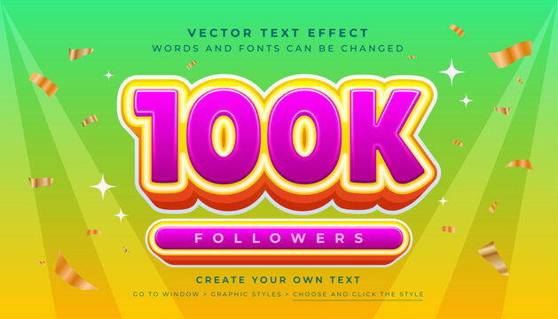 Vector Editable 3D 100K text effect. Yellow purple bold fun typography graphic style on abstract green background