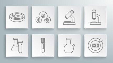 Set line Test tube, Sulfur dioxide SO2, Helium, Microscope, and Petri dish with bacteria icon. Vector