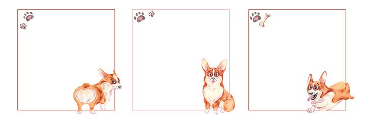 A set of corgi frames. A sitting, standing and running dog. Watercolor illustration. Furry friend. Veterinary medicine and medicines for animals.