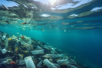 Naklejka na ściany i meble Plastic waste and bottles garbage undersea or in the ocean