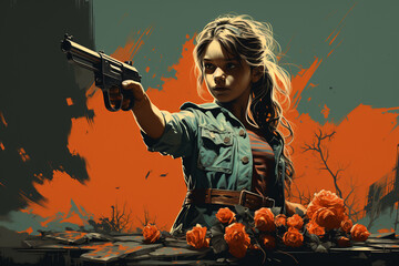 Illustration of little girl with gun - 633694336