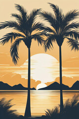 vector illustration of a palm sunset on a beach