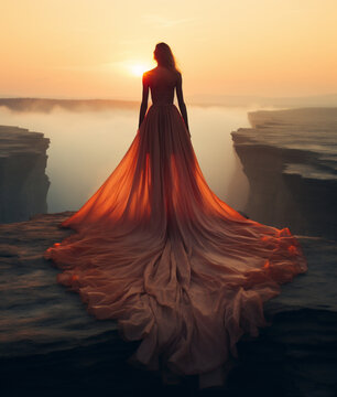 Beautiful woman in long dress standing on cliff and looking at sunset