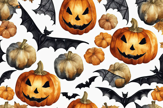halloween seamless pattern of pumpkin and bats on white background