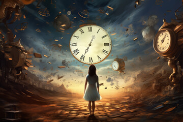 Surreal scene of woman in front of huge clock. Time passing, life, achievement, destiny concept. AI generative, illustration.