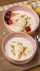 Fototapeta na wymiar Homemade healthy yogurt with muesli and blueberries.