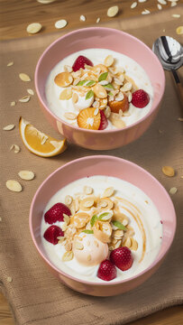 Homemade healthy yogurt with muesli and blueberries.