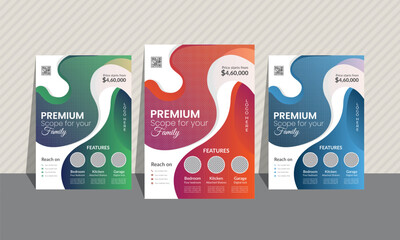 Real estate and realtor agency multi purpose flyer set of 3 gradient colors. Most unique curvy and geometric shapes, background image, and layout.A4 size. Blue, sky blue, pink, orange, green, neon.
