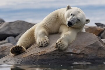 Polar bear Lying on Rock with Sea Background.