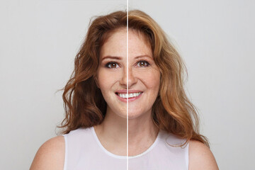 Attractive redhead model woman with young clean skin and wrinkles. Aging and youth, aesthetic...