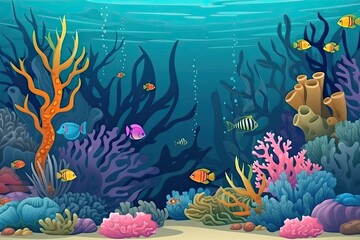 Fototapeta na wymiar Underwater cartoon illustration of marine life in vibrant coral reef ecosystem.