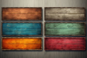 Collection of wooden banners with old wood texture in various colors.