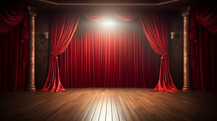 Stage with opened luxury curtain and light in the midle