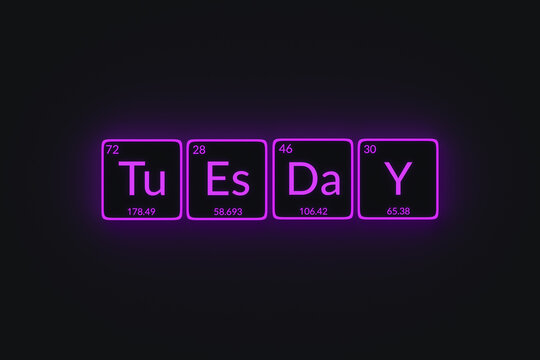 Glowing word tuesday in style of periodic table of element. Day of the week. 3d render