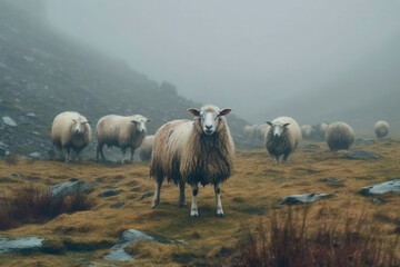 Fototapeta premium Sheep herd in the misty mountains
