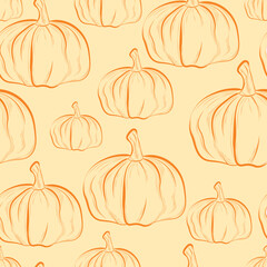 Seamless vector drawing with pumpkins. Hand drawn doodles. Orange color wallpaper. Botanical print on fabric, wrapping paper. Fall harvest, mid fall celebration.