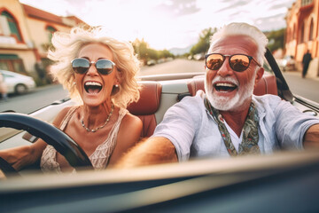 Happy laughing joyful stylish couple of elderly retired mature lovers riding together in convertible in the town