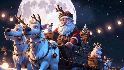 Santa Claus' Magical Journey in a Sleigh through Snowy Nightscapes on Xmas Eve ai generated